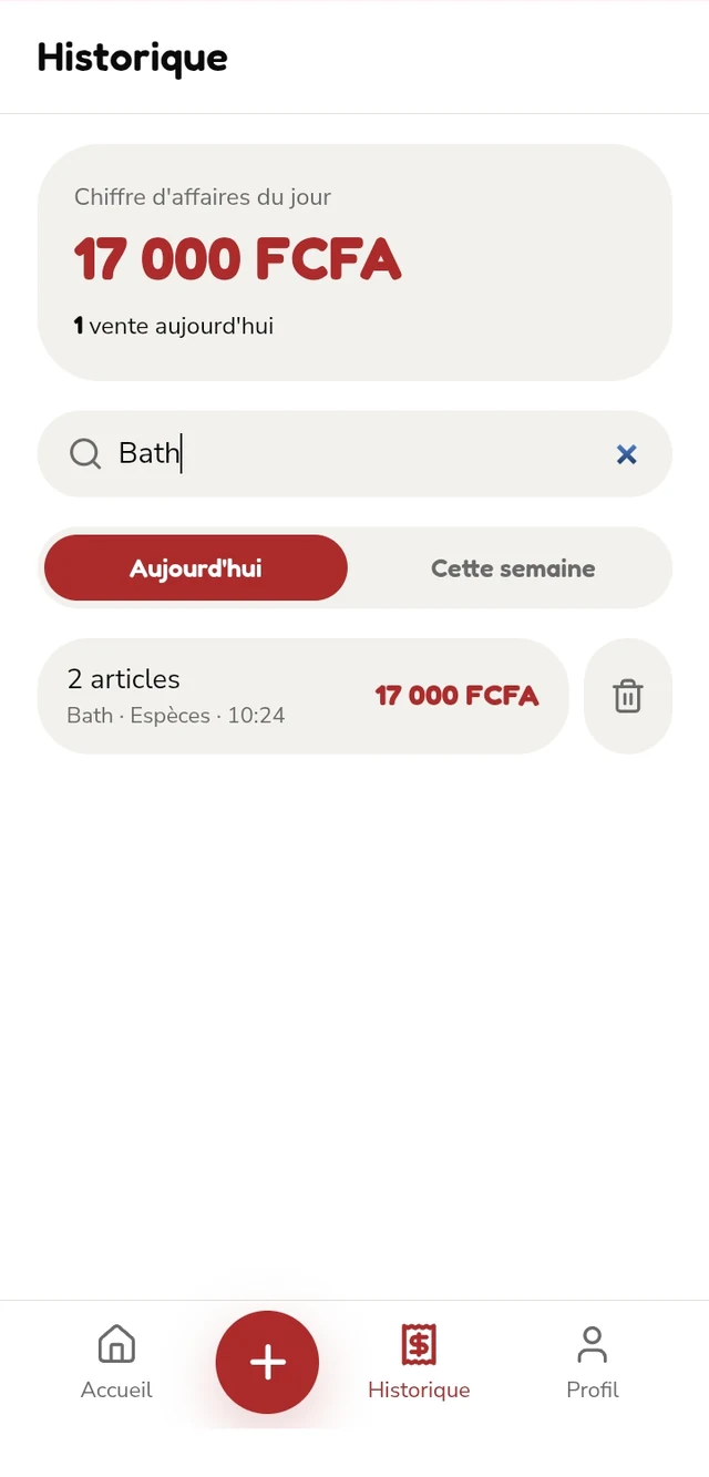 Historique avec le chiffre d'affaires du jour et la recherche par client