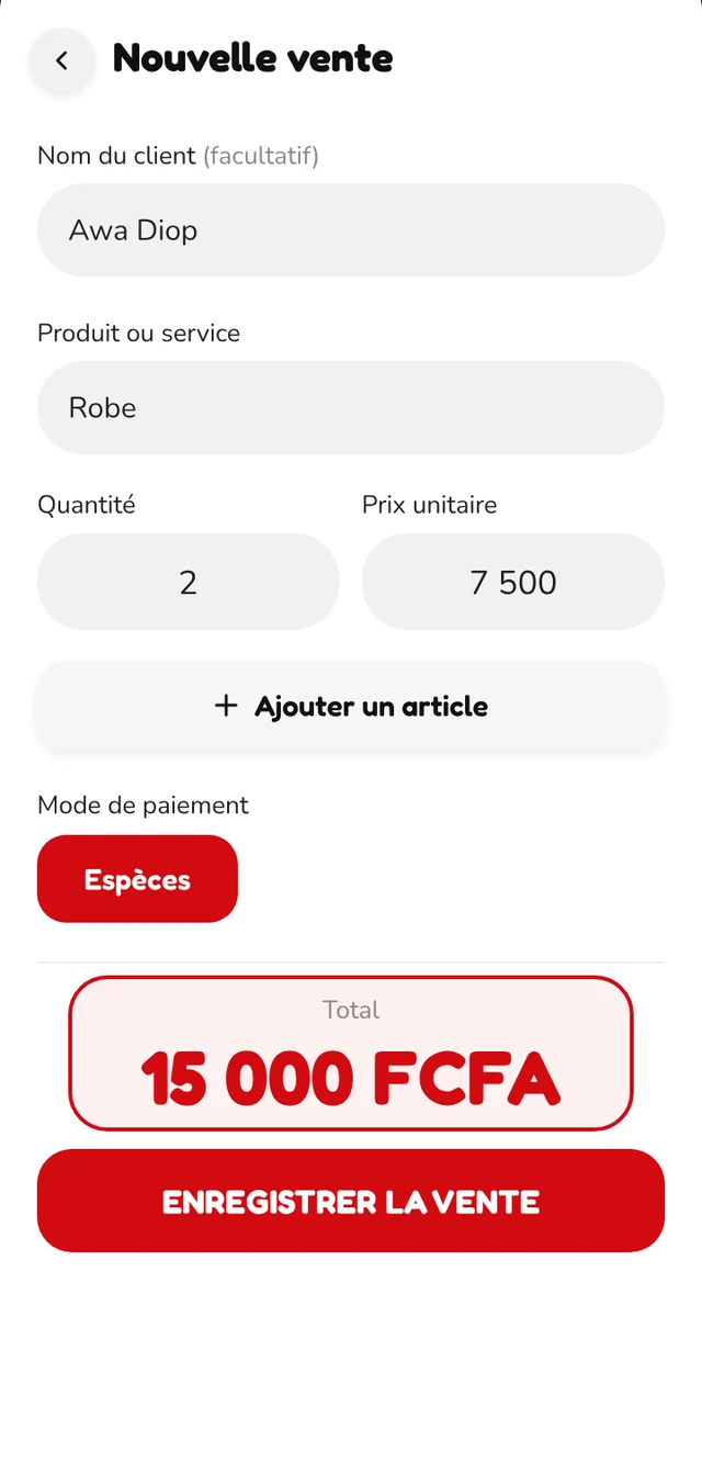 Écran Nouvelle vente avec le total calculé : 15 000 FCFA